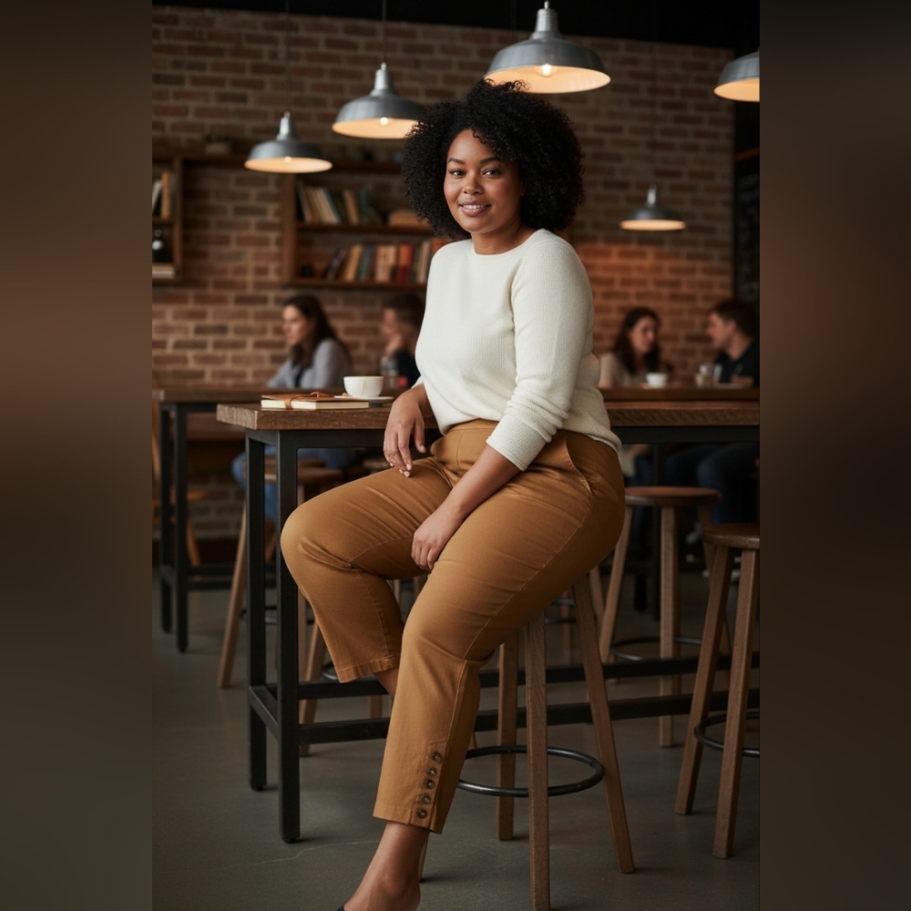 Chico's Camel Cropped Ankle Pants with Hem Button Detail